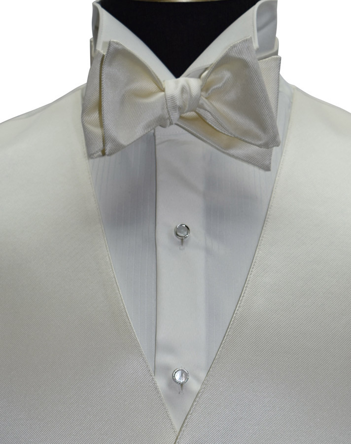 men's off-white ivory vest with off-white bowtie and mother of pearl studs and cufflinks