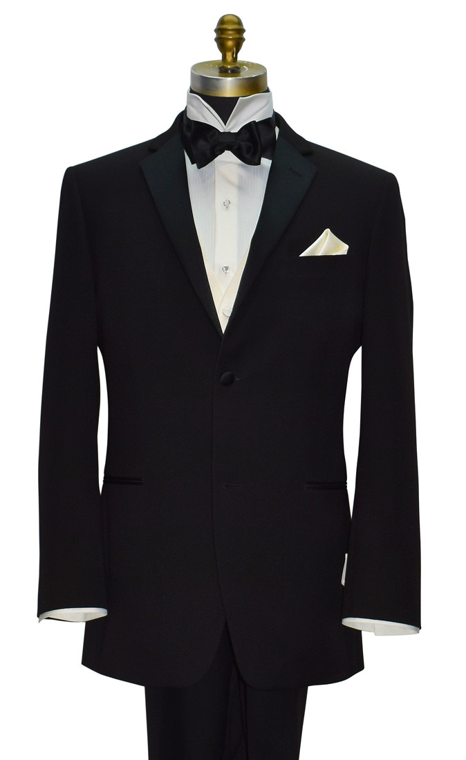 men's off-white tuxedo vest with black bowtie and black notch lapel tuxedo
