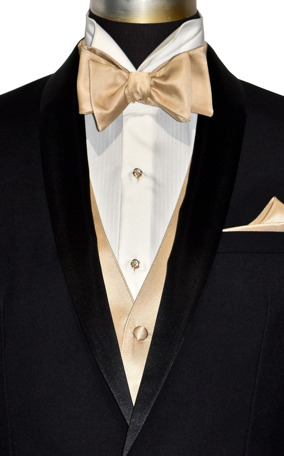 golden vest and bowtie by San Miguel Formals