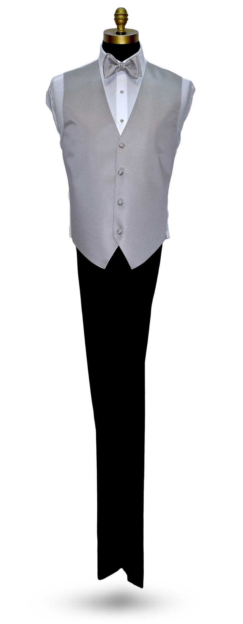 moonlight gray tuxedo vest and bowtie with black tuxedo by San Miguel Formals