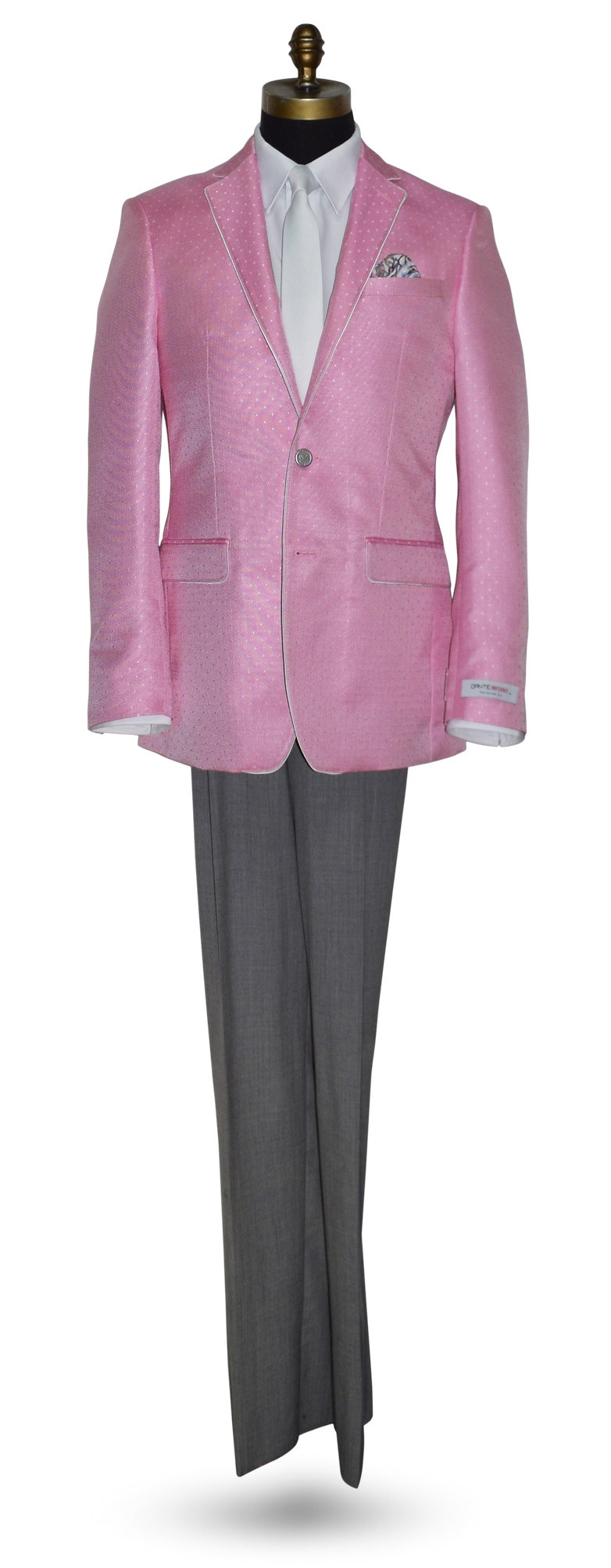 white dress tie with Dante Inferno pink Jacket and men's gray dress pants at TuxBling.com