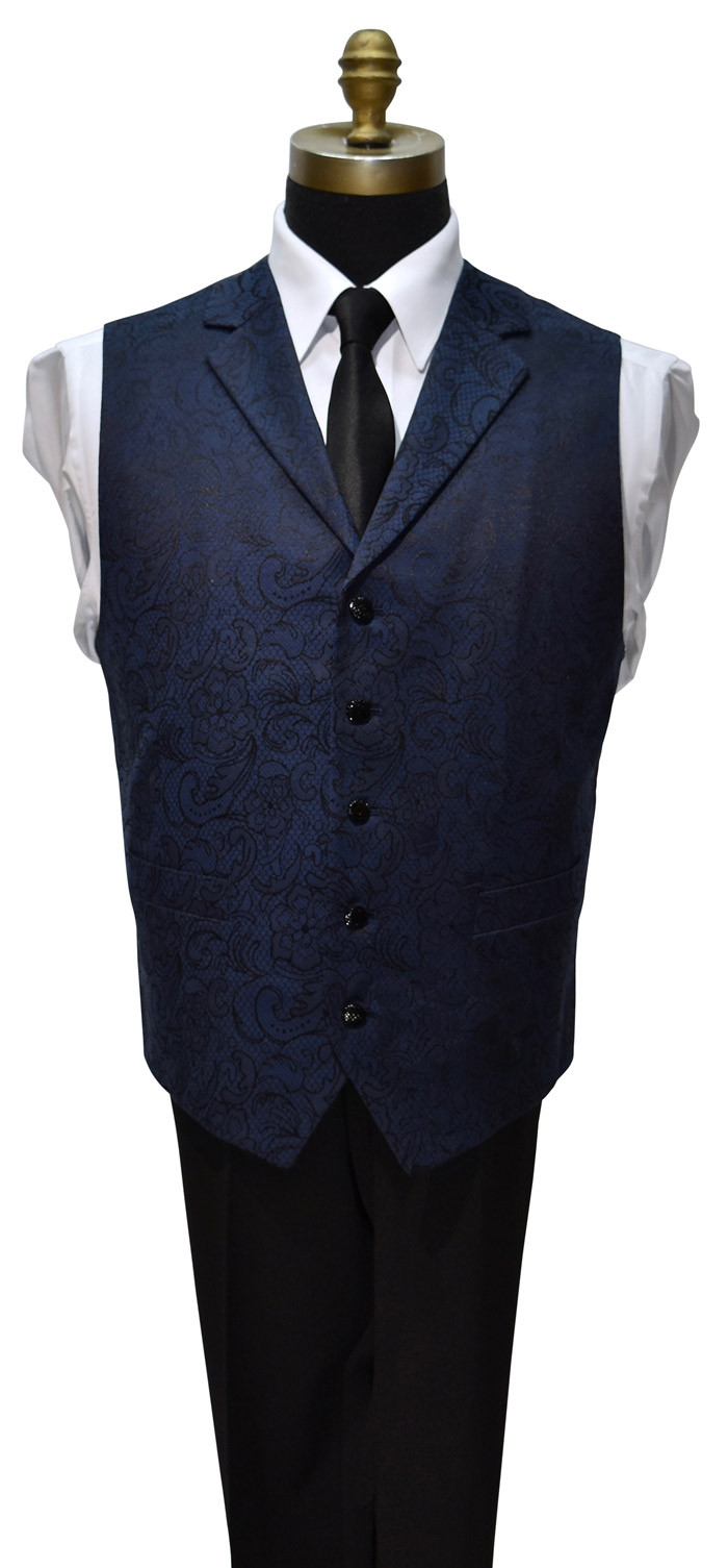 blue paisley vest with black long skinny tie for men