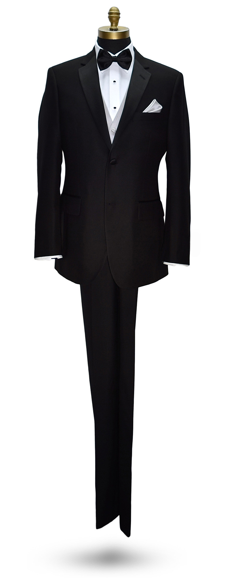San Miguel black notch lapel tuxedo with light gray vest and black bowtie