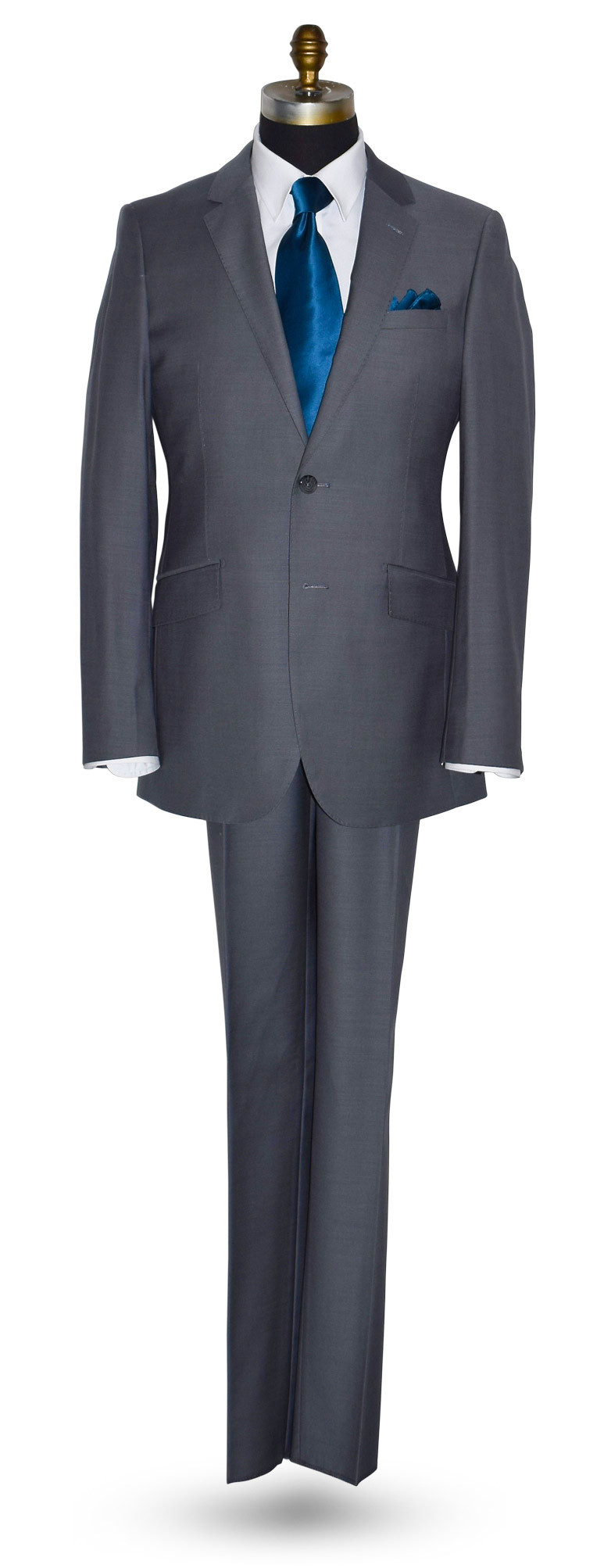 men's sapphire blue long tie and light gray suit