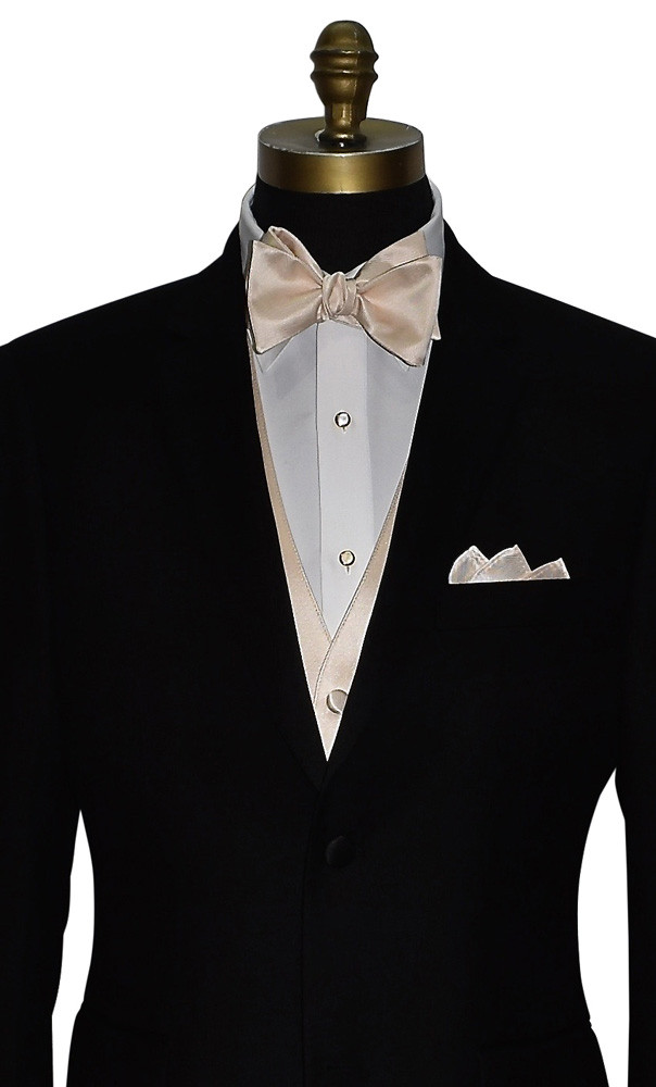 champagne self-tie bowtie and vest with mother of pearl studs and cufflinks 