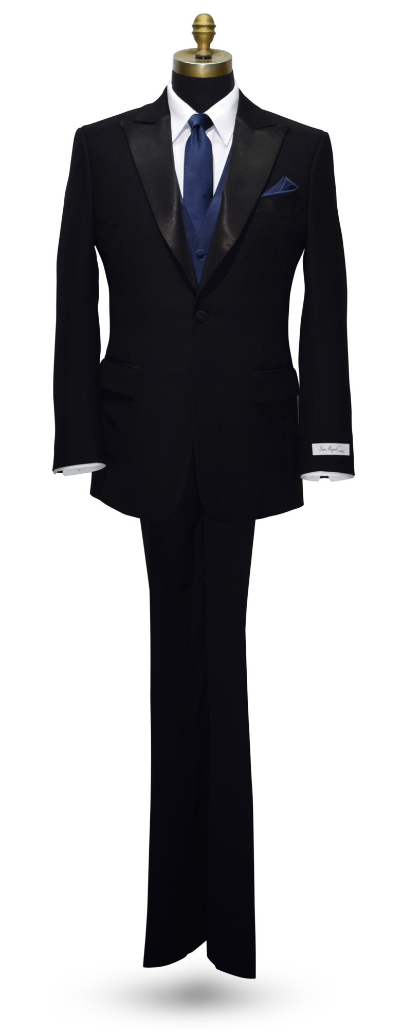 San Miguel black peak lapel tuxedo with navy blue vest and navy blue long tie