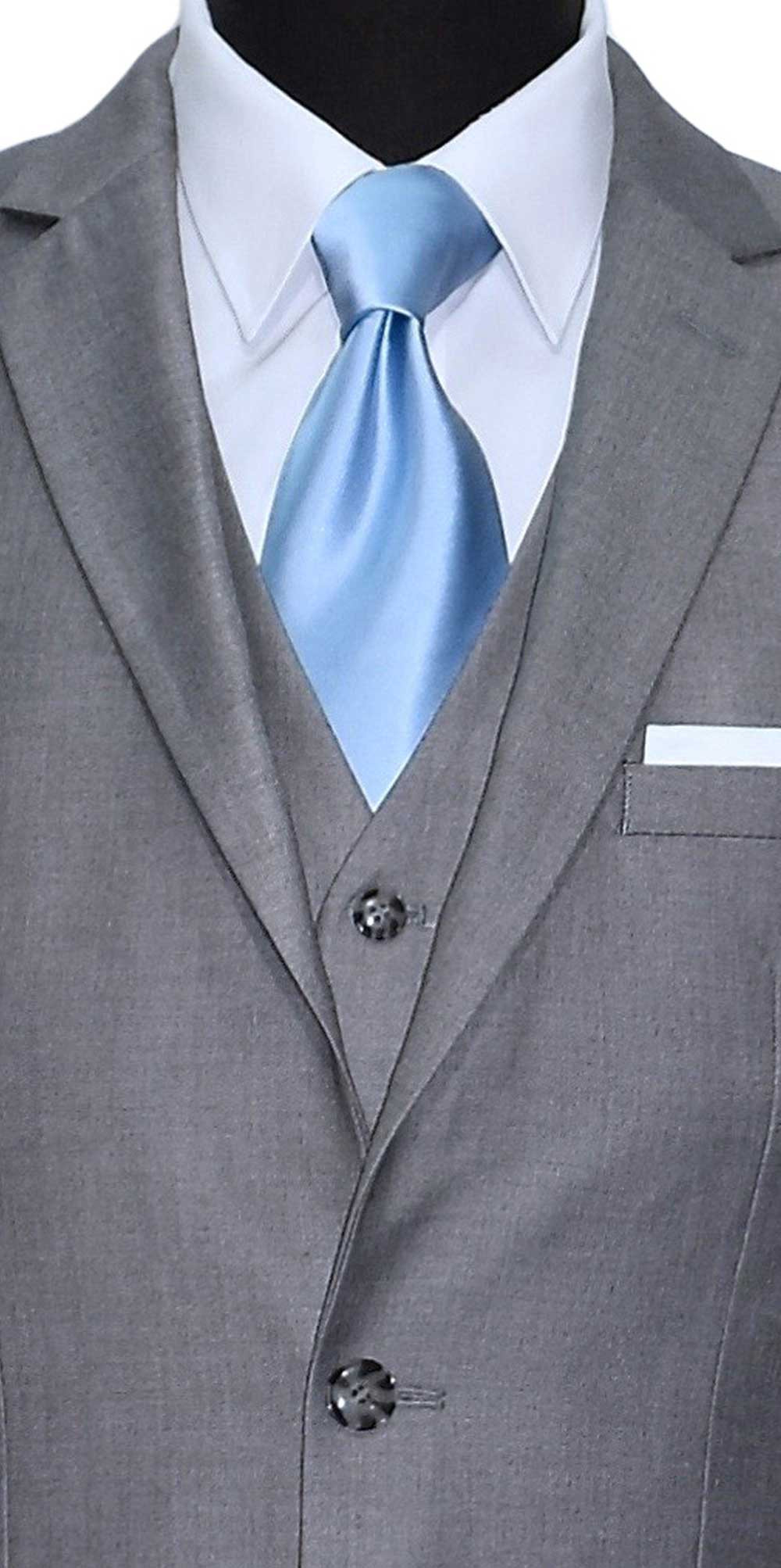 gray men's 3 piece suit with light blue silk dress tie